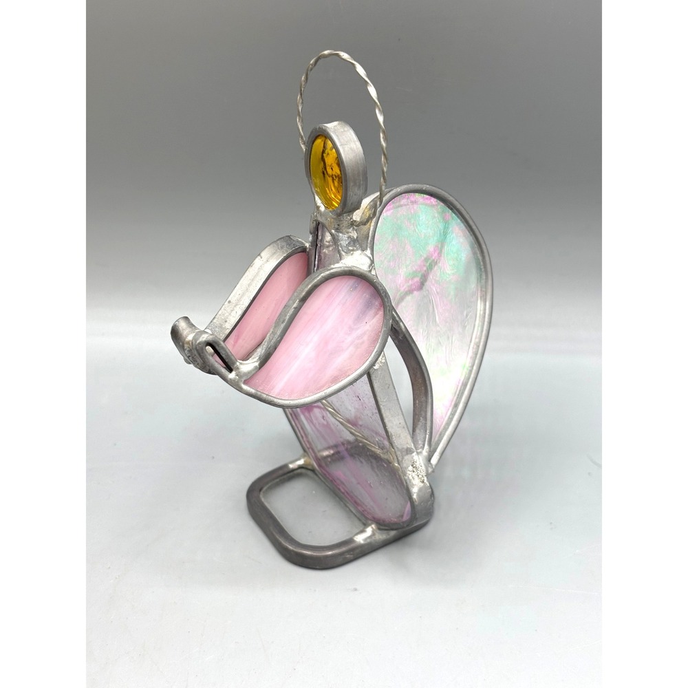 Stained Glass Angel Figurine Pink Iridescent‎ Wings Yellow Halo